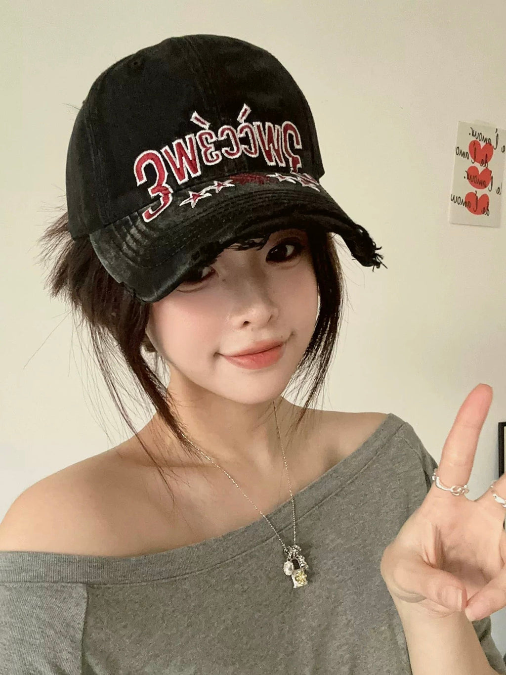 Distressed Washed Frayed-edge Lettered Cap